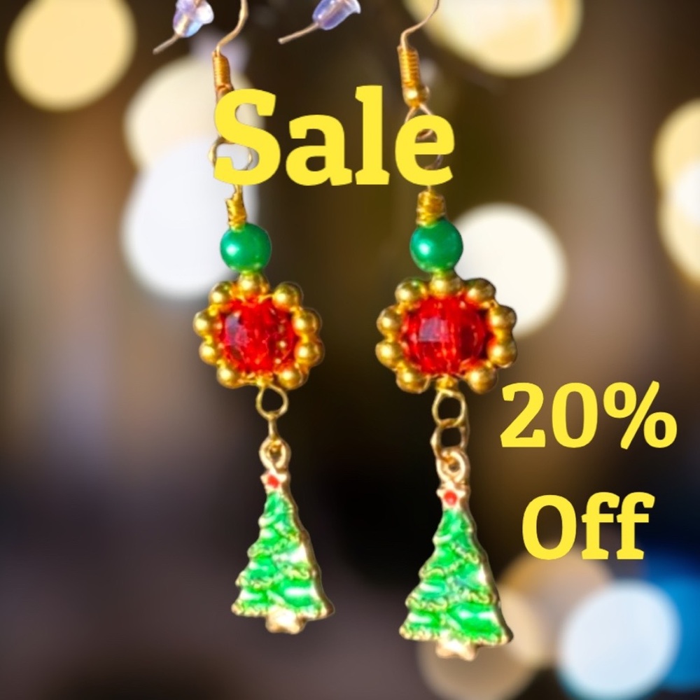 Festive Gold and Green Christmas Tree Earrings